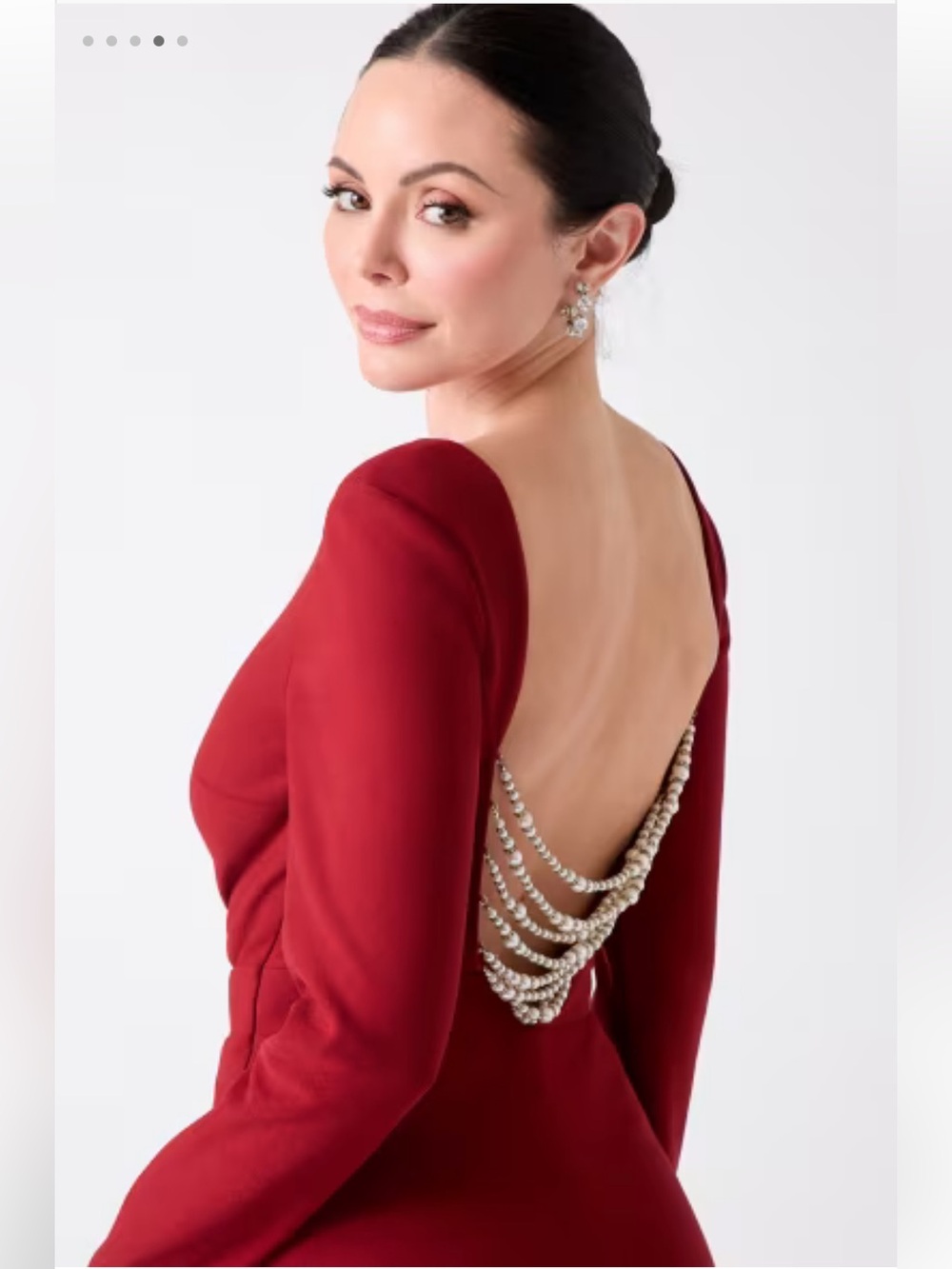 Marciano Sophisticated Red Long-Sleeve Cocktail Dress with Pearl Chain - Size M
